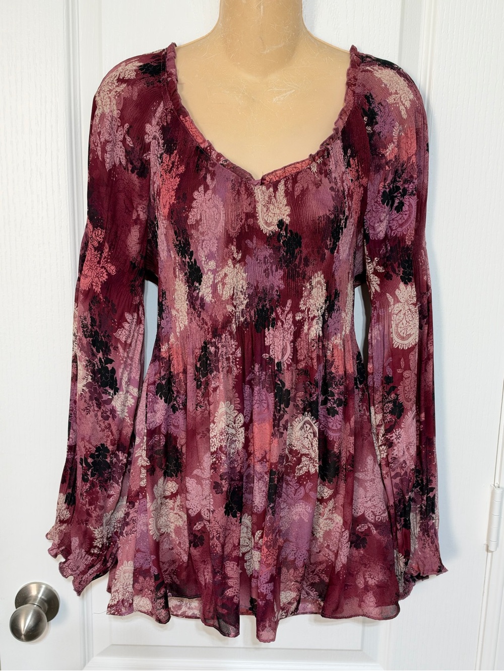 Sunny Leigh Burgundy Floral Peasant Tunic